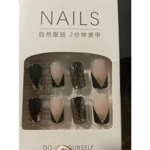 Press On Nails In Black Pink Gold Glitter Designs - Picture 8 of 8